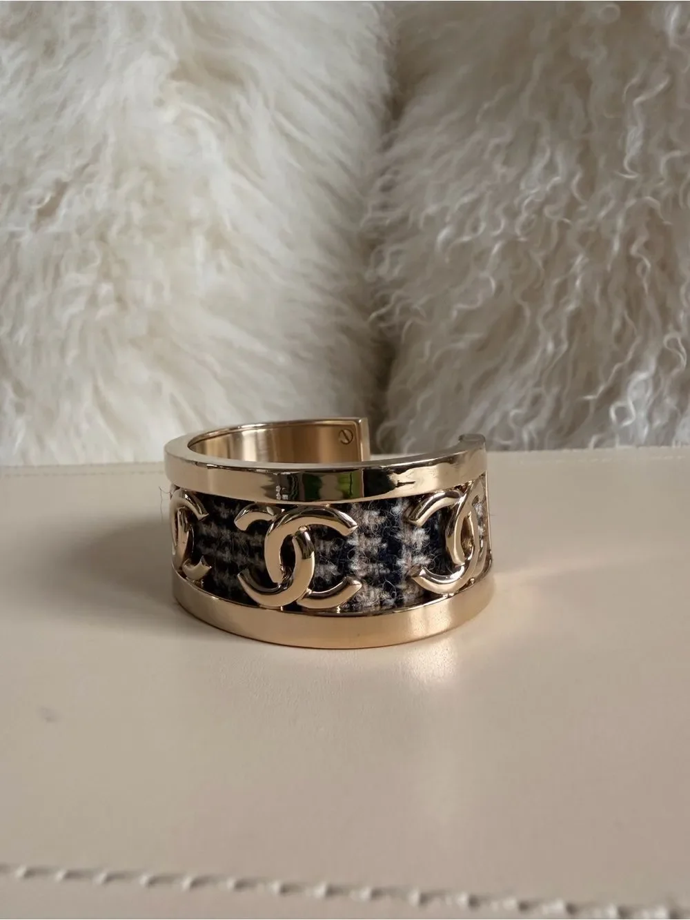 CHANEL Silver Tweed CC Link Cuff Bracelet - Black & White